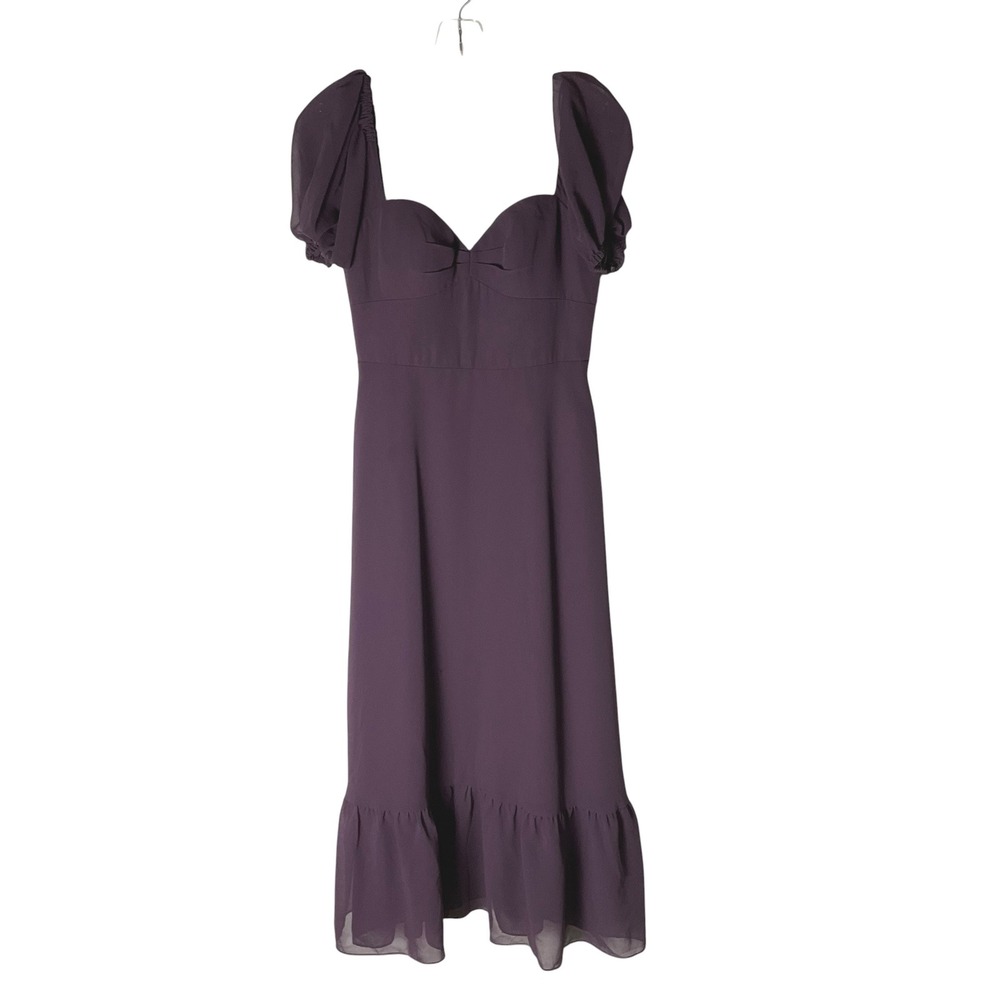 Azazie Plum Chiffon Midi Dress Puff-Sleeve Bridesmaid Formal Purple Sz A4 Small